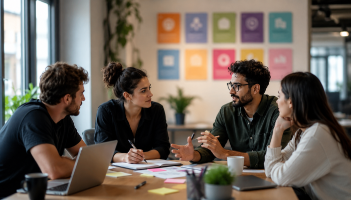 Startup team having a focused discussion, representing how real company culture is shown through behaviour, decisions and hiring standards rather than generic values.