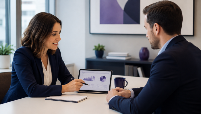 Alt text: Agency recruiter sharing a simple hiring report with a client, representing recurring recruitment value, clearer evidence and stronger client trust.