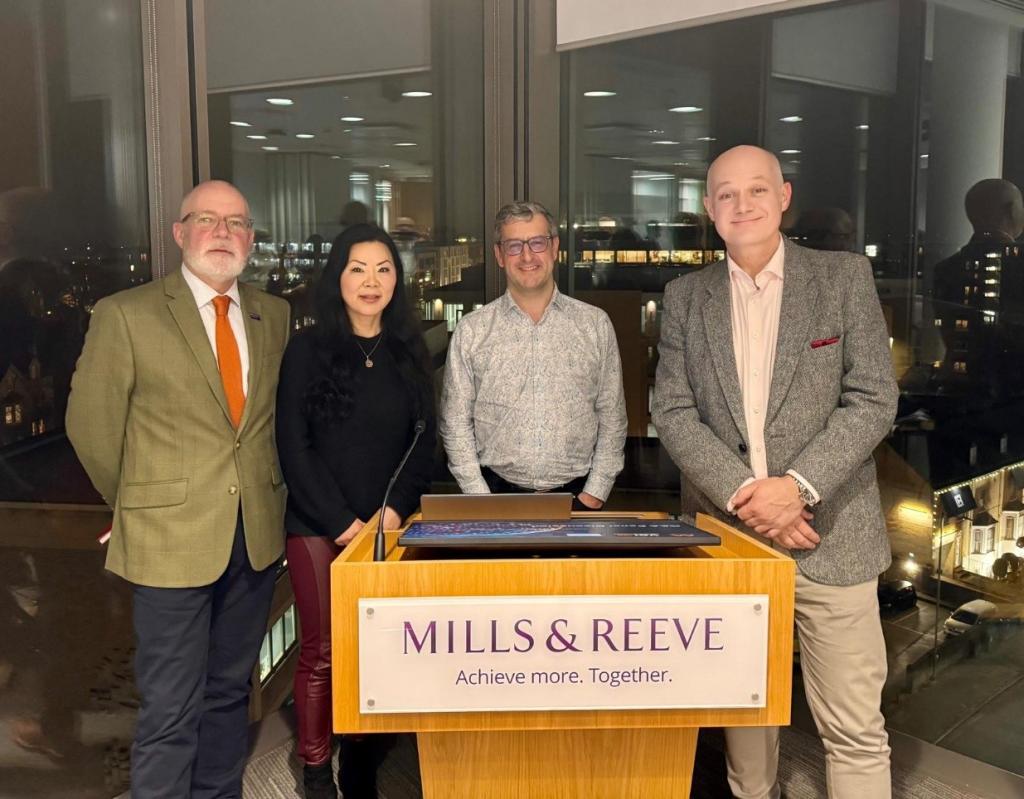 Panellists following Medilink Midlands’ “Doing Business with China” session at Mills & Reeve, Cambridge (5 February 2026), from left to right: Paul Bowman, Lily Lin, James Fry and Professor Keith Jackson