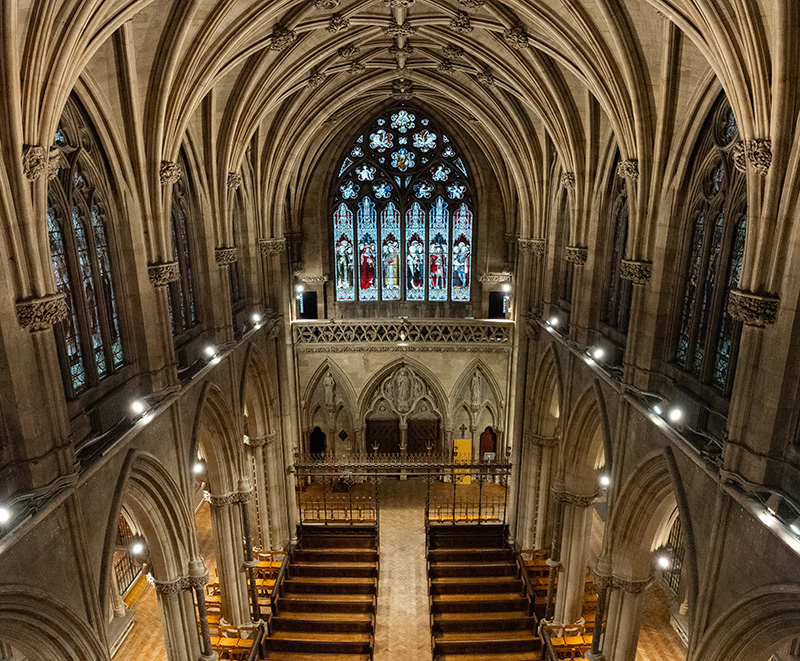 Drone photo inside OLEM church in Cambridge showing the beautiful architecture