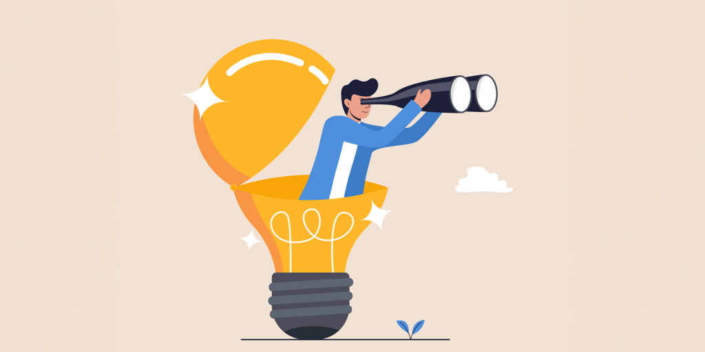 graphic with man coming out of a light blub holding binoculars 