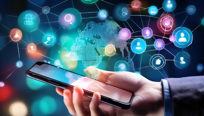 Person holding a mobile phone with superimposed images of connections, networks and different social media platforms