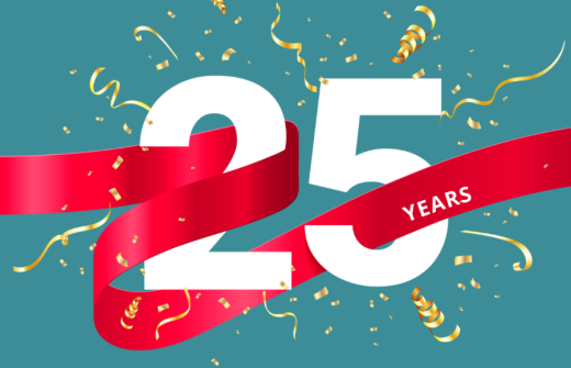A 25 with an embedded ribbon and the words celebrating in mental health