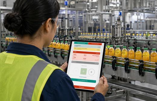 Engineer viewing machine performance data on a tablet PC with juice bottling production line in the background..