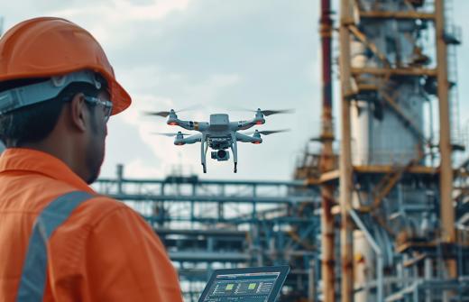 Image shows an industrial drone being used to inspect a petrochemical plant.
