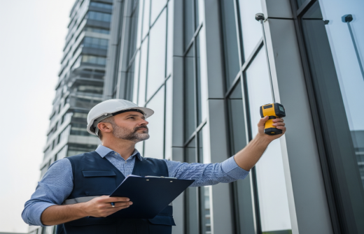 Commercial business surveyor with hardhat, clipboard and hand held monitor, standing outside of a building 