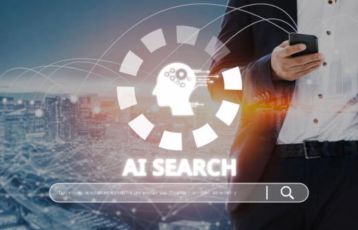 Close-up of a professional individual against a city landscape, searching on a smartphone. A large digital AI graphic and a wide, glowing search bar are overlaid across the lower screen, symbolising AI-integrated search technology