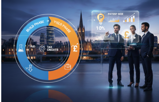 Conceptual graphic showing people on a bridge, with a darkened university skyline, viewing a patent financial growth chart with an R&D and patent life cycle.