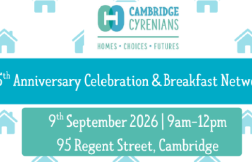 A repeated house background with text that reads: Cambridge Cyrenians 55th  anniversary breakfast networking
