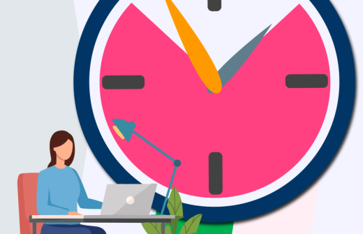 Illustration of a professional using a laptop with a large clock, representing 90-minute Microsoft Copilot training for busy teams