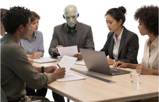 Image shows team working at a meeting with AI agent, cyber/ robot colleague in the centre