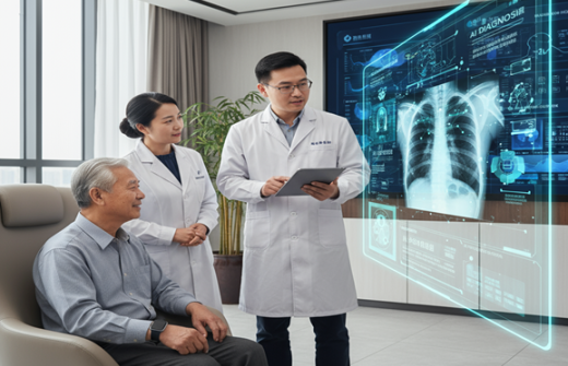 2 doctors with a patient looking at AI screen