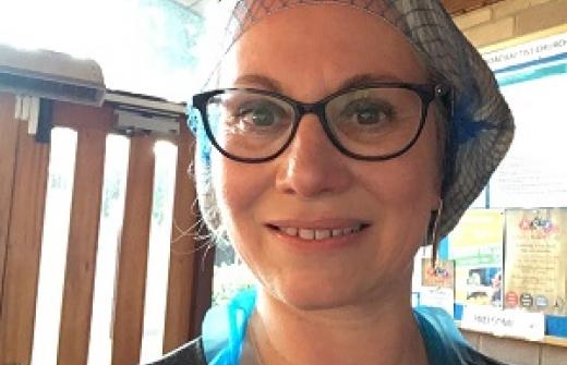 Anne Beamish helping out in a hairnet
