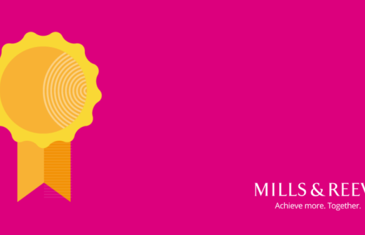 A hot pink background with a gold rosette on the left and the Mills & Reeve Achieving more. Together logo on the right.