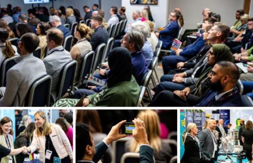 A collage of a professional conference featuring a large audience seated in rows listening to a presentation, attendees networking and greeting each other, a person taking a photo of the event, and visitors exploring exhibition stands.