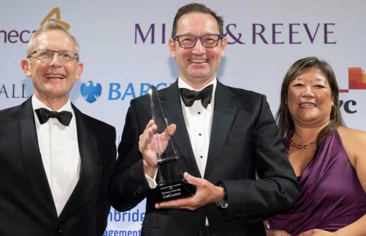 Image CellCentric CEO Will West (centre) with guest speaker Tim Minshall and Zickie Lim from lead Awards sponsor Mills & Reeve. Credit: Business Weekly © Phil Mynott