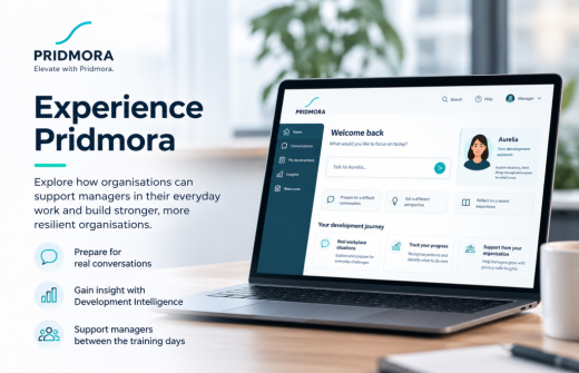 Experience Pridmora promotional image showing the Pridmora manager development platform on a laptop, highlighting everyday management conversations, AI-supported development and Development Intelligence.