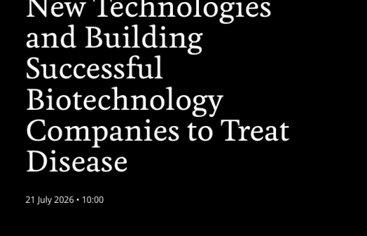 The event name New Technologies and Building Successful Biotechnology Companies to Treat Disease appears in white text on a black background