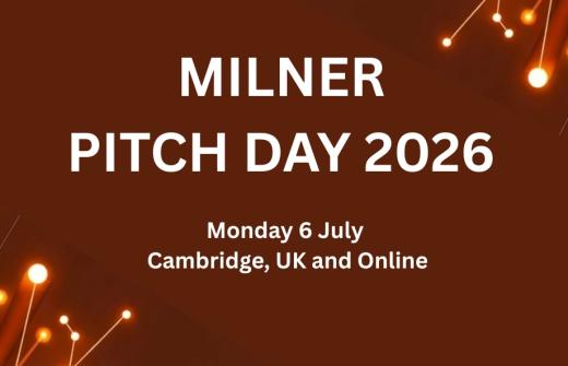 The words "Milner Pitch Day 2026" appear in white on a dark orange background