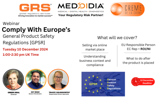 webinar on Tuesday, 10 December 2024, from 1:00 PM to 2:30 PM UK Time to help businesses prepare for the General Product Safety Regulation (GPSR) deadline on 13 December 2024.