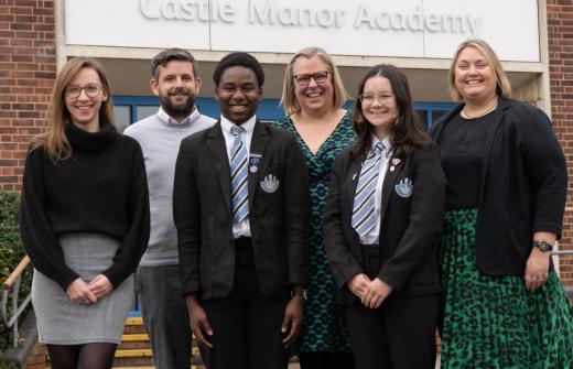  Headteacher Vanessa Whitcombe and Careers Lead, Daniel Course with Faye Dorsett and Kirsten Riding of Deloitte and senior students of Castle Manor Academy.