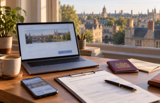 Business travel planning desk with laptop, phone, passport and journey documents overlooking Cambridge.