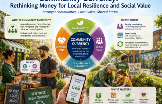 Infographic showing community currency connecting local businesses, volunteers, environmental action and digital wallets, illustrating how shared value can strengthen communities, local resilience and social impact through everyday exchange and participation.