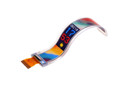 Curved colour ePaper display module showing a clock, date and some colour patterns