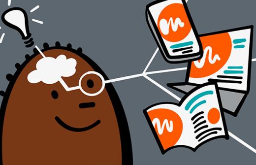 Illustration on a cartoon style character looking at a phone, a laptop and a brochure all with the same visual design theme. Lines link these to his eyes and then his brain, and a lightbulb has popped up above his head