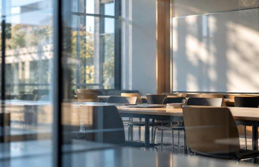 A seminar room, seen through glass