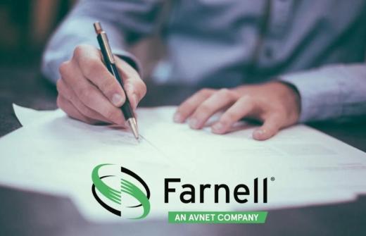 Farnell logo, on top of someone signing an agreement