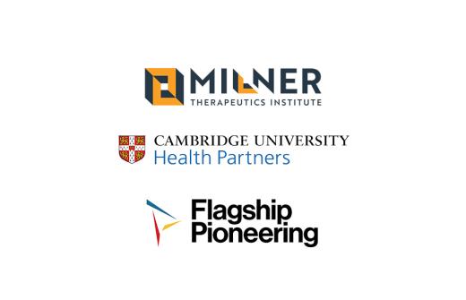 Logos for the Milner Therapeutics Institute, Cambridge University Health Partners and Flagship Pioneering appear on a white background.