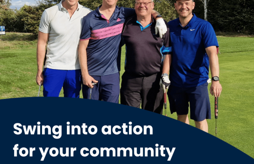 4 golfers smile at the camera. Text reads "Swing into action for your community - Charity Golf Day" with the event date of 25th September. Cambridgeshire Community Foundation Logo