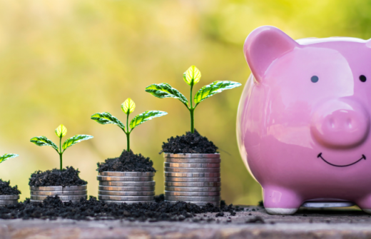 stack of coins sprouting plants next to a piggy bank