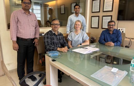 Signing the research agreement at ICT Mumbai  Standing left to right: Prof Manishkumar Yadav, Chemical Engineering Department, ICT and Ankur Pandey Sales Development Manager, H.E.L India Seated left to right: Prof. Anand Patwardhan; Head of Chemical Engineering Department, ICT; Louise Madden, CEO of H.E.L Group; Prof. Virendra Rathod, Former Head of Chemical Engineering Department, ICT