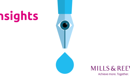 A bright blue pen cartoon pen is in the middle of the white tile with a droplet of ink coming from it. Mills & Reeve's logo is on the bottom right. On the top left is a pink heading that says "Insights"