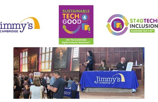 photo of people on a stage with an audience with a Jimmy's logo