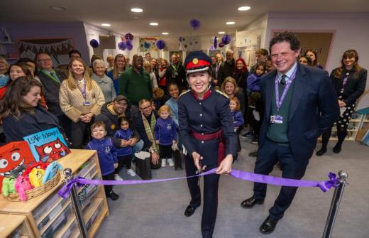 The Deputy Lieutenant of Cambridgeshire, Mrs Jennifer Crompton DL, cuts the ribbon to officially open Kimbolton Pre-School.