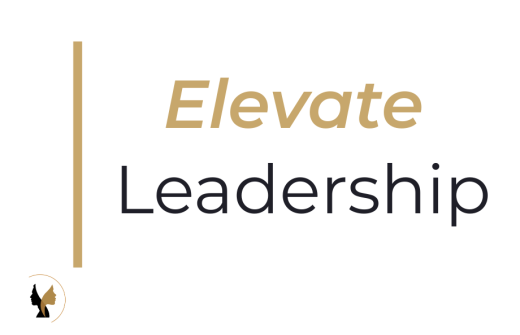 A white background with a thin vertical gold line, a logo with 2 face silhouettes facing in opposite directions, slightly overlapping, enclosed by a thin half circle. Next to the words Elevate written in gold and leadership written in black