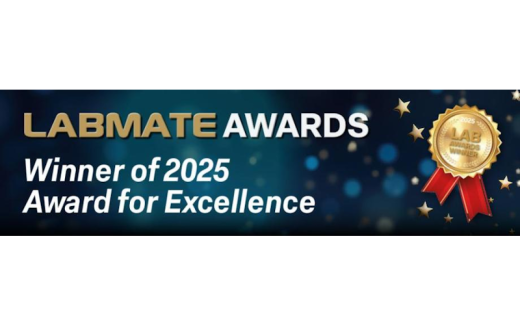 A dark sparkling background with the words LABMATE AWARDS, winner of 2025 Award for Excellence and a gold medal image