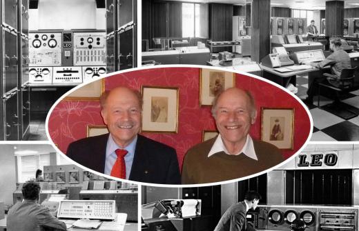 Old photographs of early computers with Frank and Ralph Land in the centre
