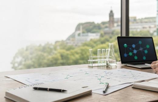 a desk with a screen 