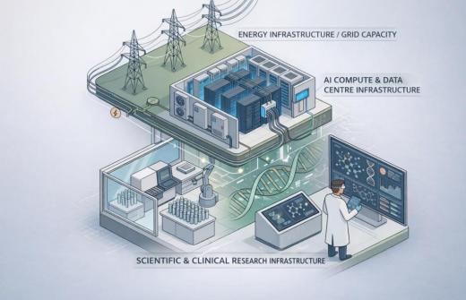 Illustration of the convergence between electricity grid capacity, AI compute infrastructure and life sciences research systems.