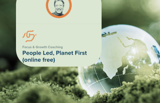 A glass globe, sat on a moss base, with an image overlaid with outlined hands held. With the words People Led, Planet First (online free) and a black and white headshot of me in a circle of orange.