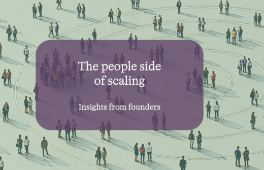 The people side of scaling. People standing in pairs or small groups, with concentric circles in the background.
