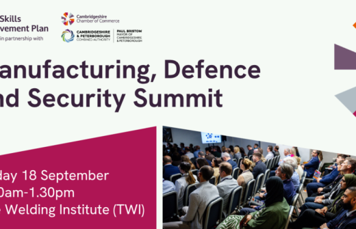 Promotional graphic for the Manufacturing, Defence and Security Summit at The Welding Institute (TWI) on Friday 18 September, 8.30am–1.30pm, featuring an audience seated at a conference.