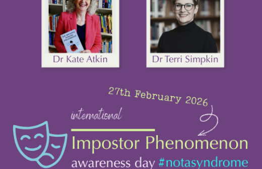 Headshots of Dr Kate Atkin wearing a red jacket and Dr Terri simpkin in a black top, text reads: Imposter Phenomenon Awareness Day 27th February. With two masks on a purple background