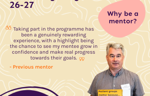 Photo of a patient group leader holding a sign next to a quote about why you should apply to be a mentor