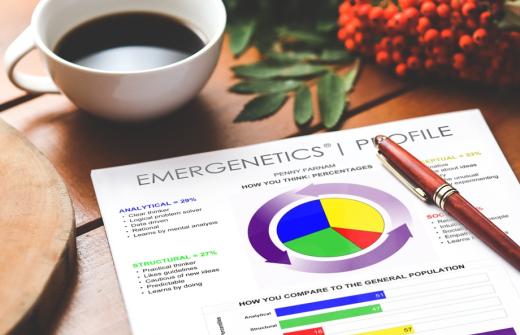 Emergenetics profile on table next to a cup of coffee