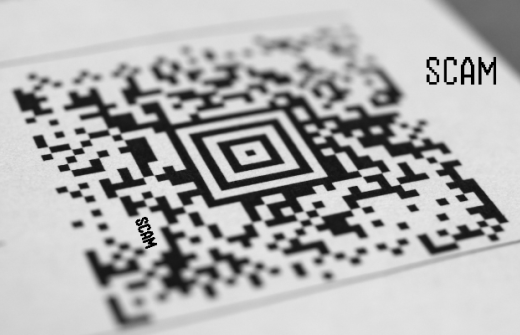 image of a QR code with the word scam embedded
